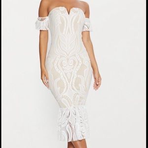 White Bardot Lace Frill Hem Midi Dress